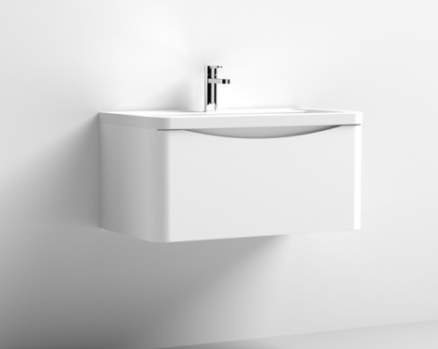 Nuie Lunar Satin White 800mm Wall Hung 1 Drawer Vanity Unit & Polymarble Basin